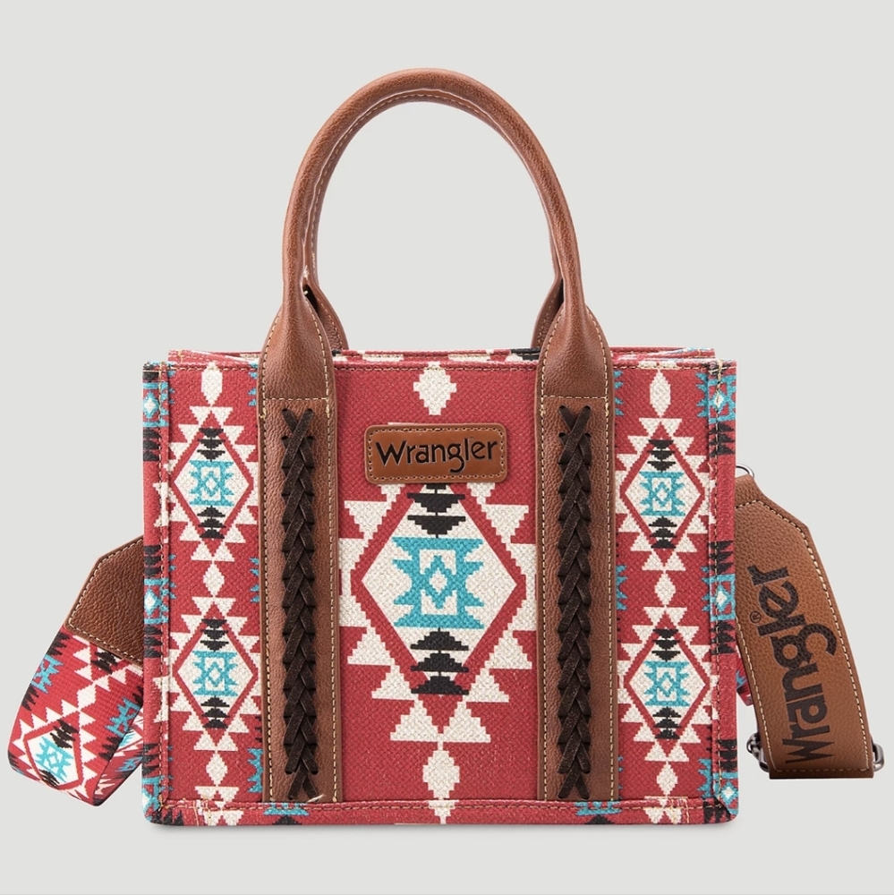 Wrangler Southwestern Print Cross Body Canvas Mini Tote: Burgundy